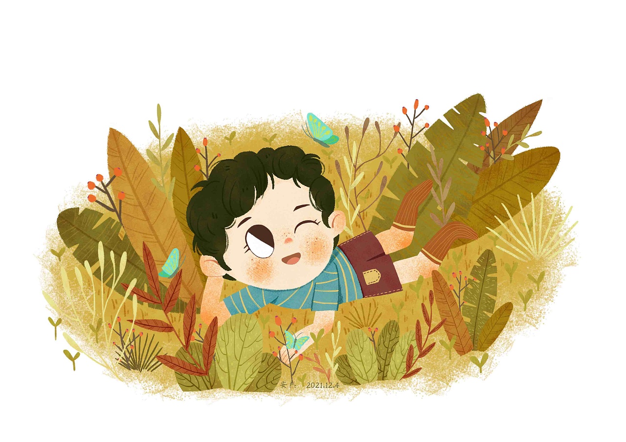 趴在草地上的小男孩|插画|儿童插画|ruanruan的桃子 - 原创作品