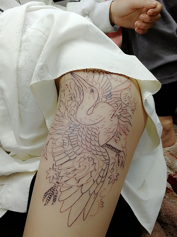 大腿仙鹤纹身遮盖疤痕修改老旧纹身水冶纹身金左堂