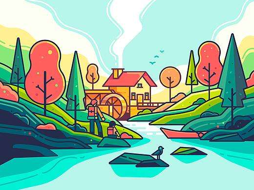 描边风格野外风景插画