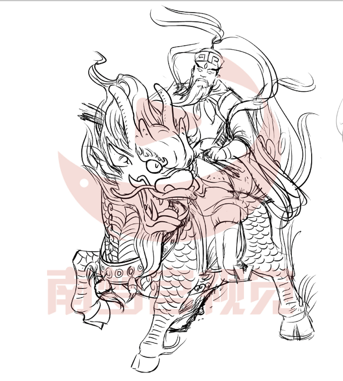 将墨麒麟的头略微抬起偏正一下,原来草稿中的头不太舒服,人物形象将