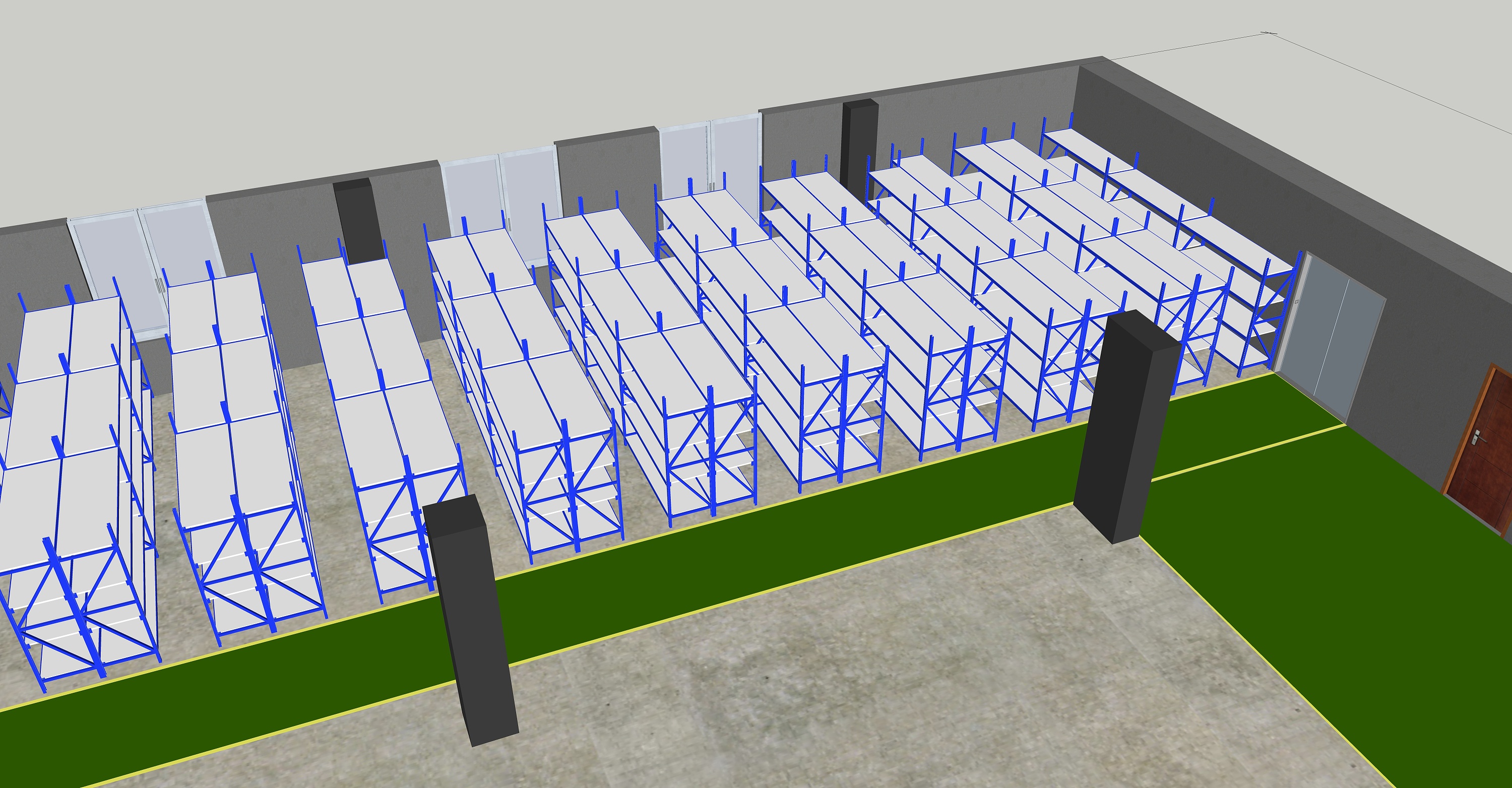 仓库货架成列摆放布局以及灯光布置
