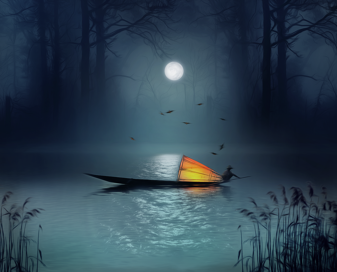 海报合成,月光海报,月色江边,垂钓渔船,灯火场景