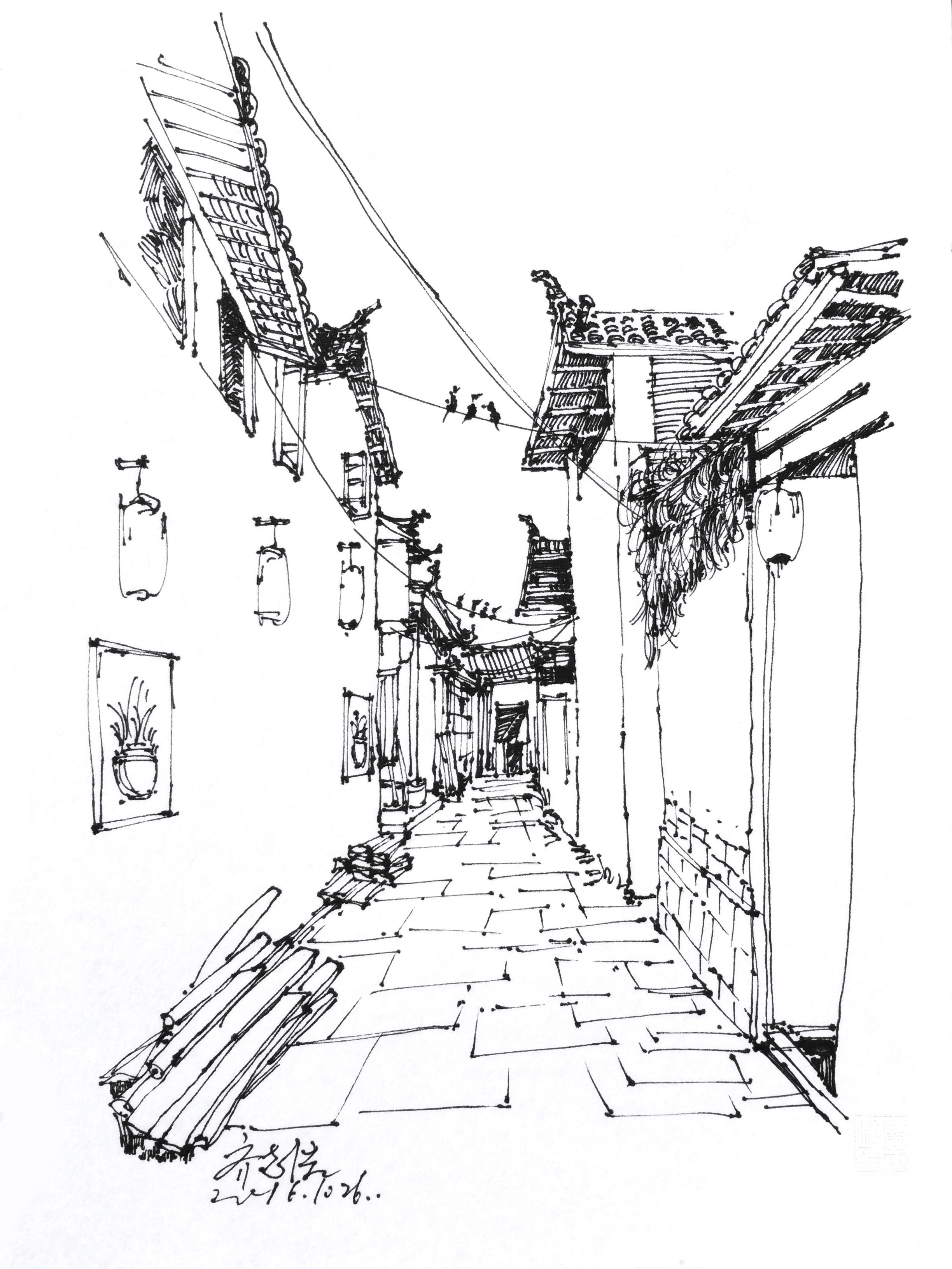 丽江古城手绘线稿图片