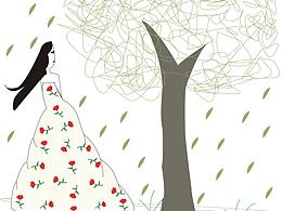 简笔画，微风吹拂下的美女与树