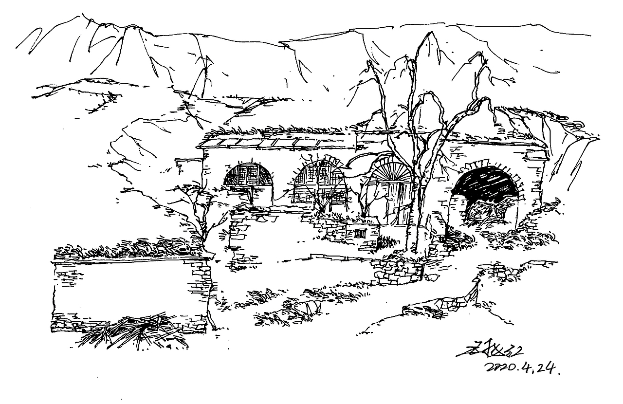 黄土高原风景——窑洞速写_延杨红钢笔画-站酷zcool