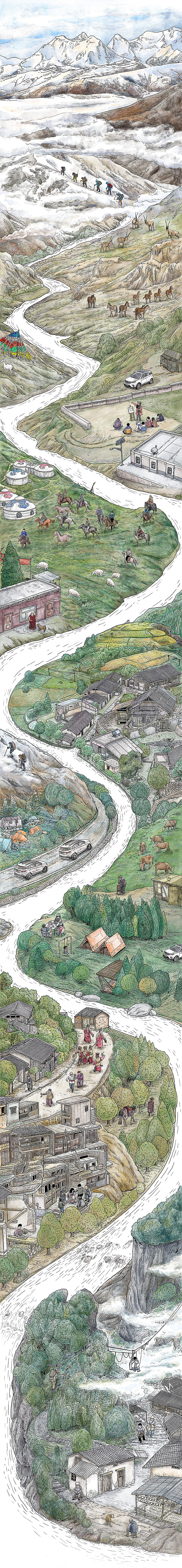手绘长图 共饮一江水