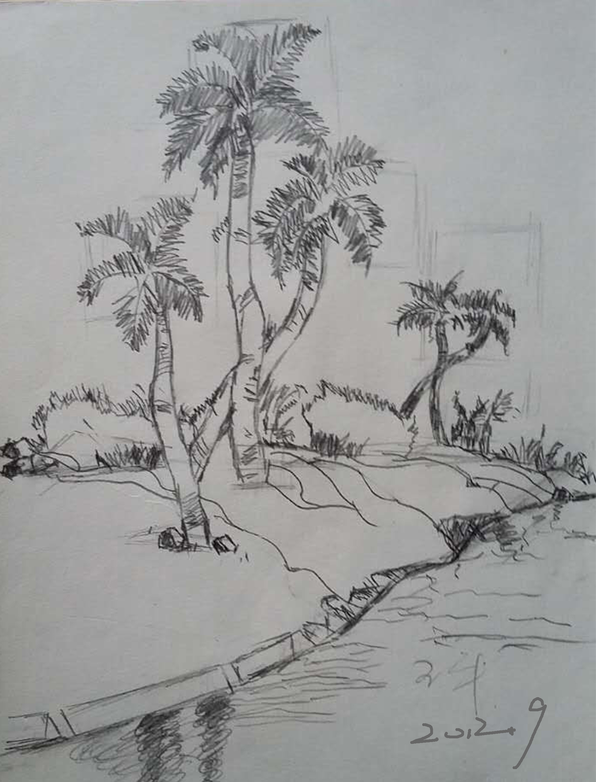 海南边椰树风景手绘速写素描图