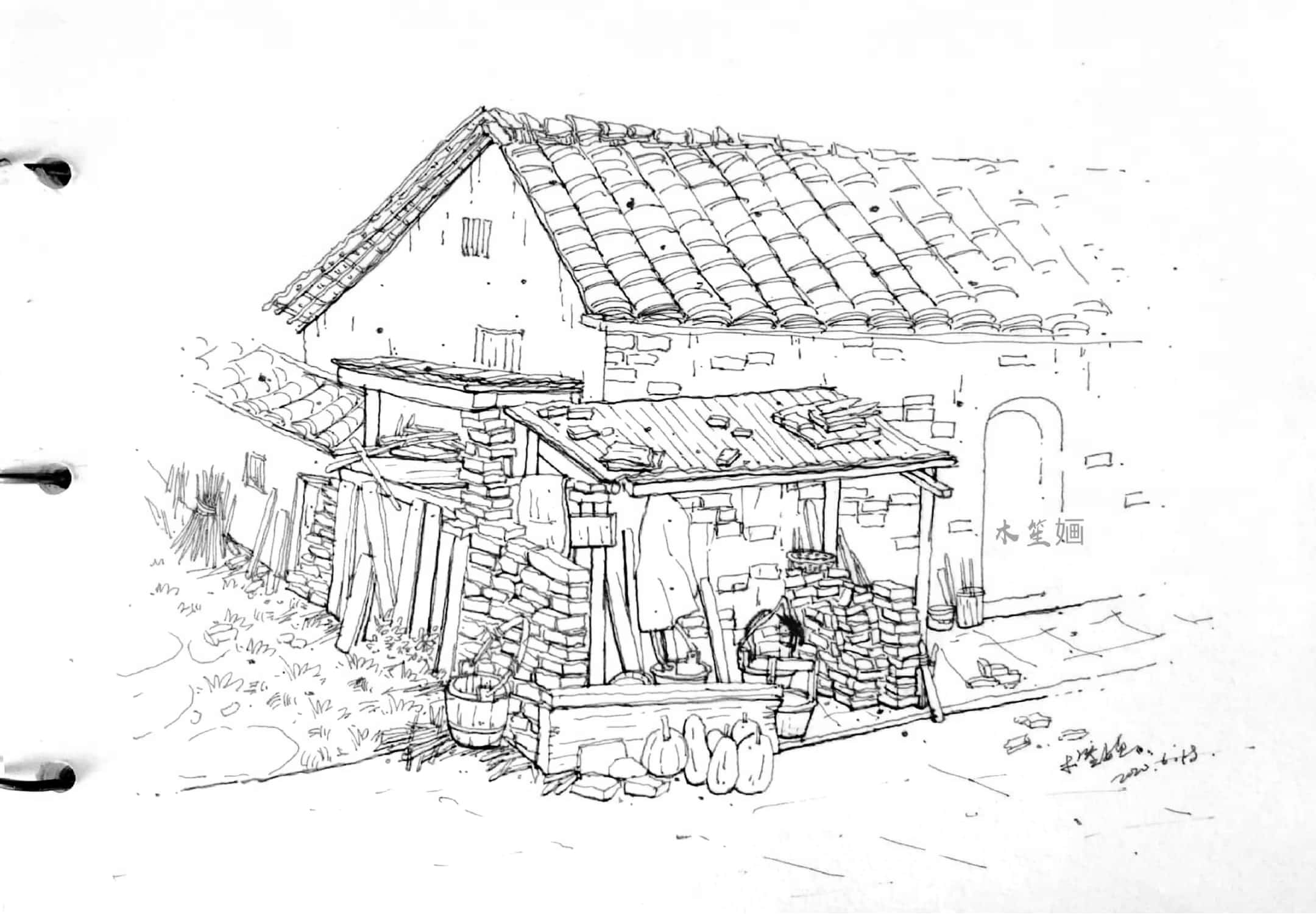 家乡的老房子绘画图片