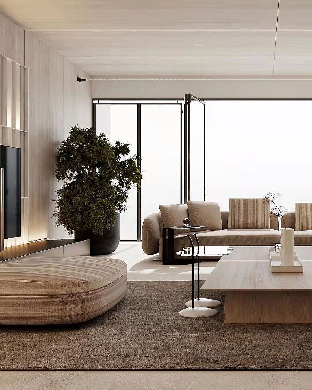 柔性极简的米色大平层客厅空间设计