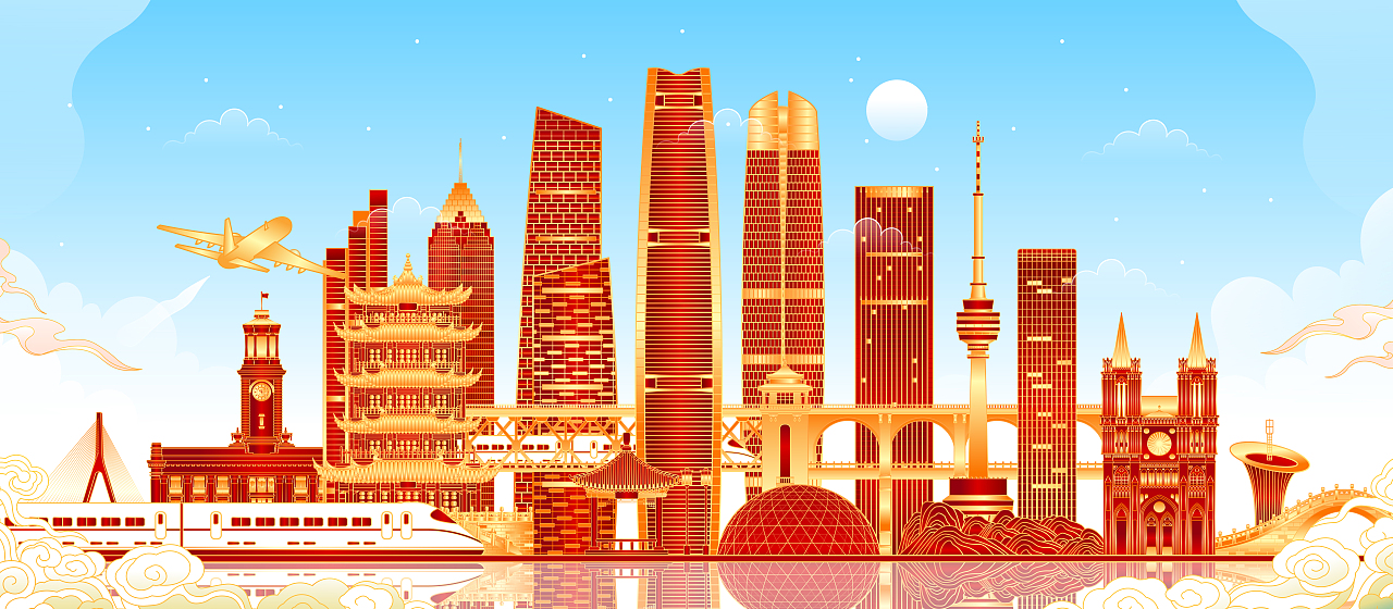 湖北武汉山东济南北京城市地标建筑矢量插画