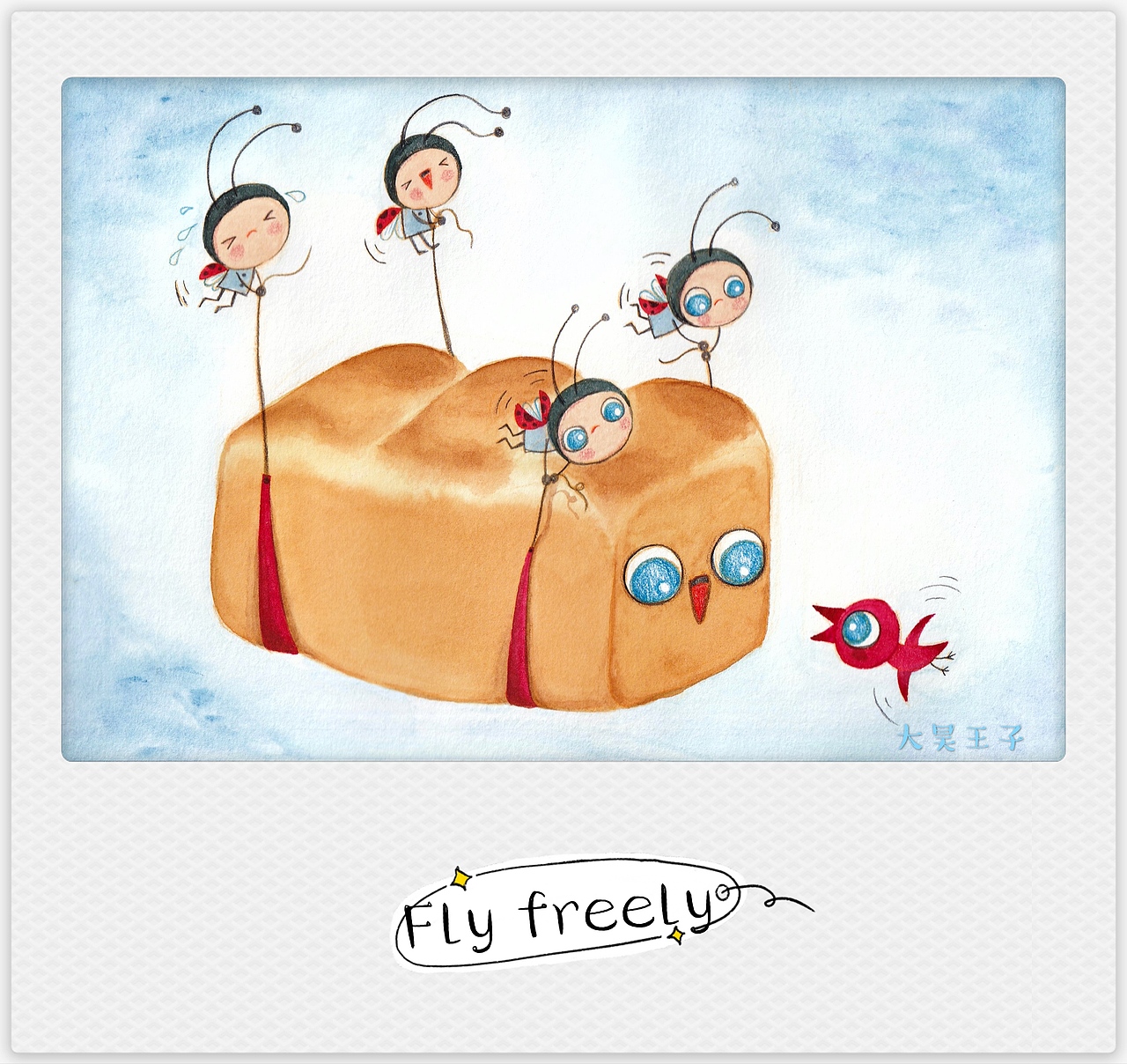 原创水彩插画“瓢虫面包”