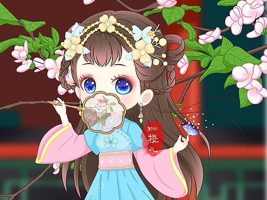 汉服团扇美女插画