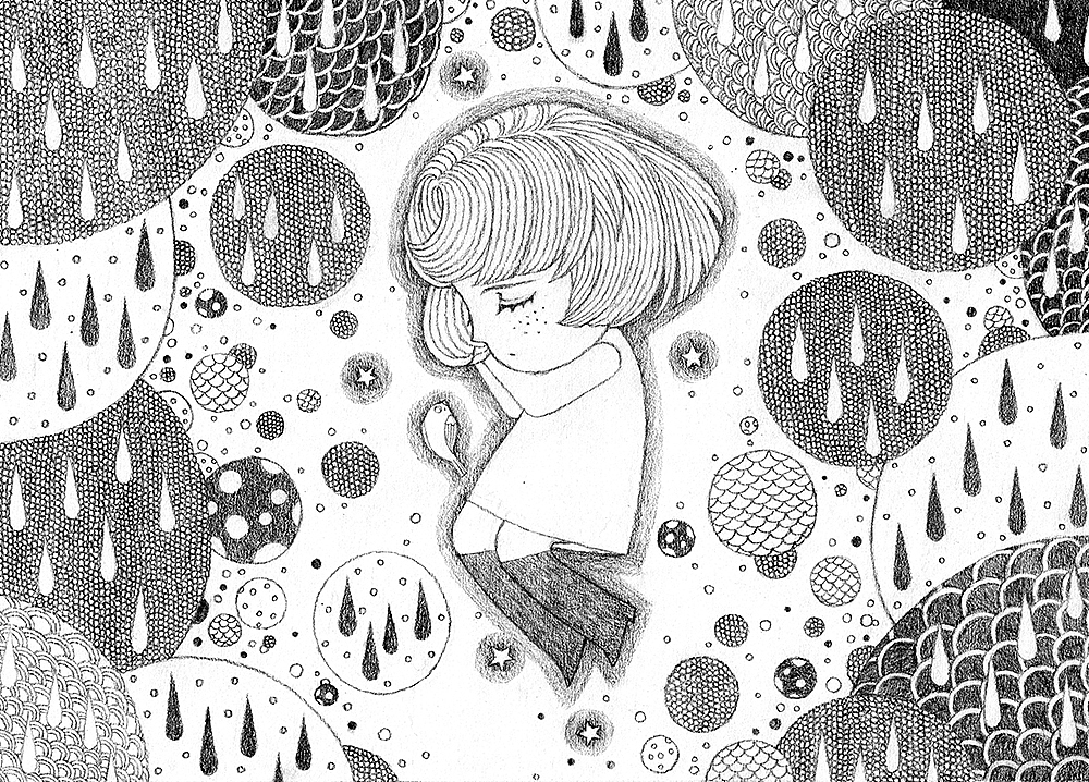 躲在蘑菇树下的爱丽有点困了
爱丽想起妈妈煮的蘑菇汤<br>爱丽想妈妈了<br><br>蜷缩在蘑菇树下的爱丽有足够的时间回忆和妈妈在一起的时间<br>一路上遇到的怪物们也都是和妈妈在一起啊<br>爱丽的鼻子更酸了<br><br>“小鸟，你也很想妈妈，很想回家的吧”<br>爱丽开始为自己的自私感到愧疚<br>然而内心却从未如此的坚定<br>“等雨停了，我要把你送回妈妈身边”<br><br>蘑菇树带着蘑菇香味柔软的令人陶醉<br>淅沥的雨声像是催眠曲<br>带着沉沉的倦意袭来……