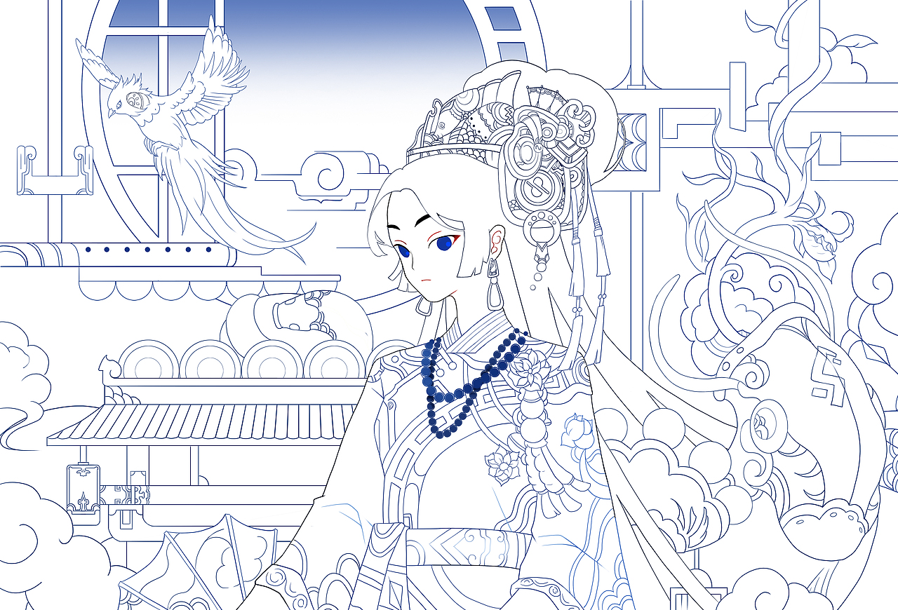 青花瓷单色国潮插画