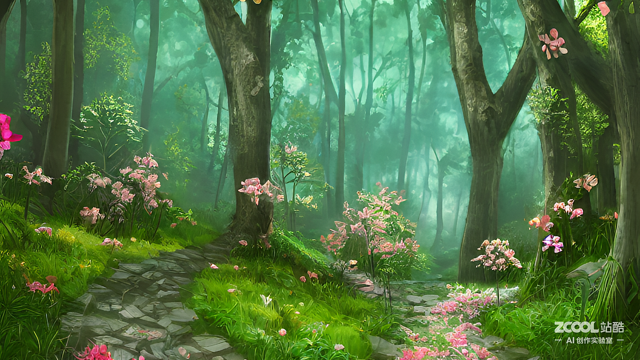 #AI创作实验室#林间小路 苍翠欲滴 繁花似锦（图ZMzIxMjA1MDY0） - AI作品 - 站酷设计师樱桃红不红原创素材 - 站酷ZCOOL