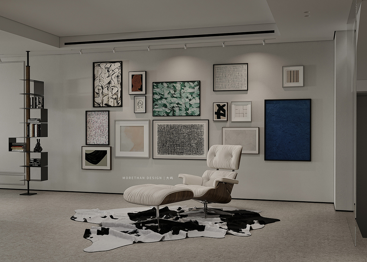△艺术区
宽大的墙面拉宽空间，大小不一的艺术画填补空白，艺术架增加视距的宽度，躺椅与褶皱的地毯装填空旷，极具视觉冲击的画色增添空间的活力。