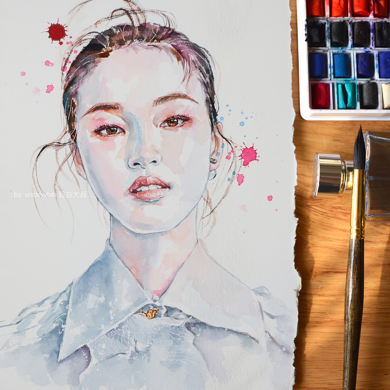 超白大叔作品:模特插图水彩人像