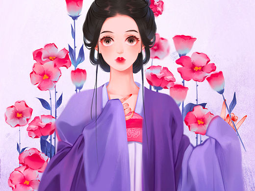 颜色系花与少女古风插画
