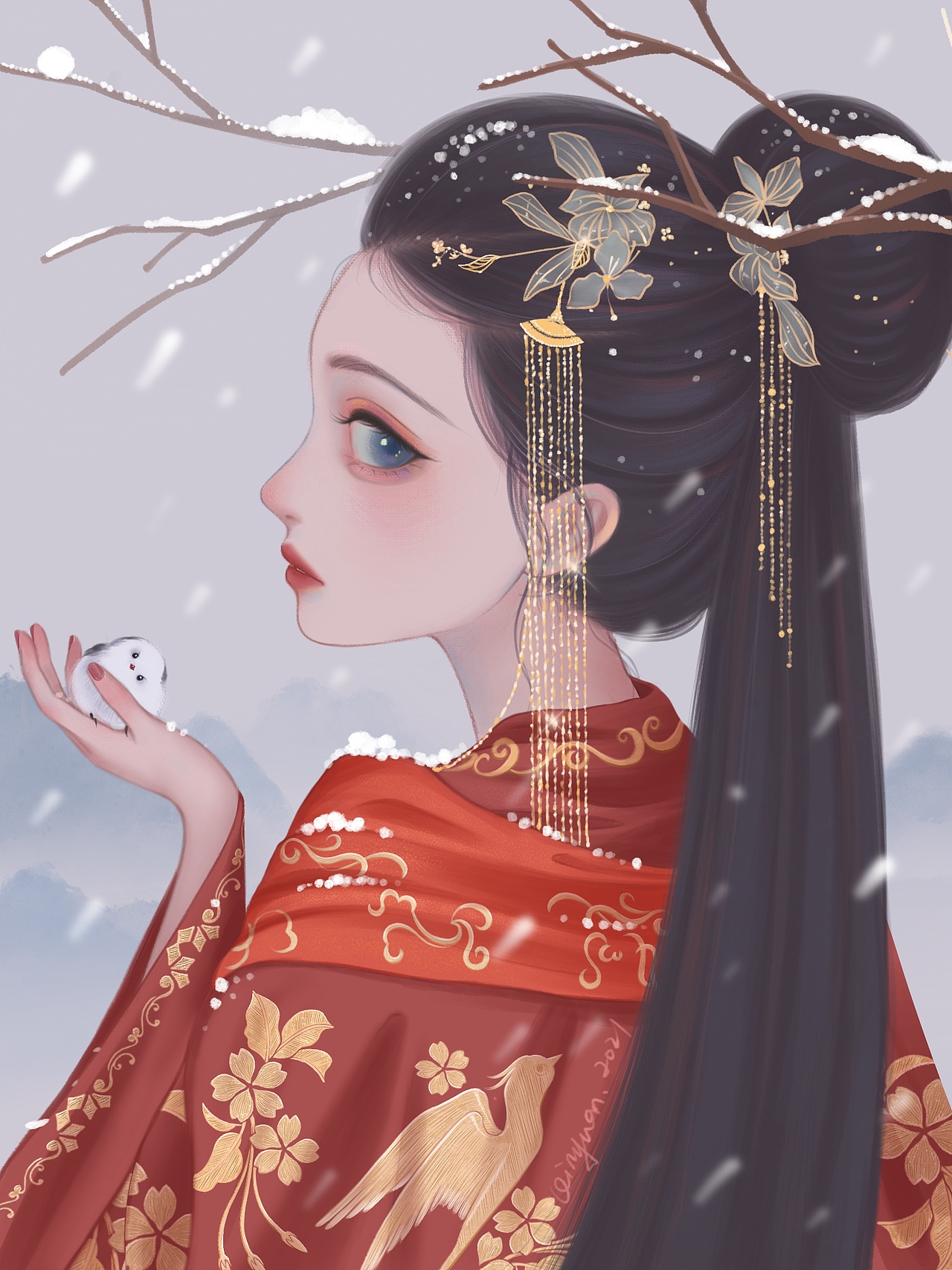 原创作品插画创作习作唯美手绘水彩古风汉服冬婚服小肥啾少女插画郁色