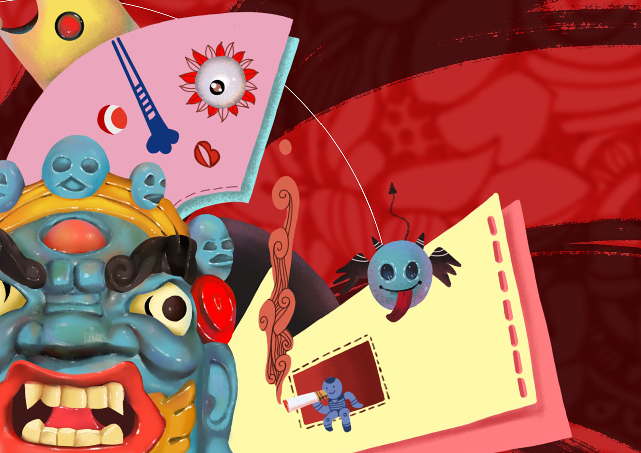 戏剧插画一藏戏面具贪嗔痴