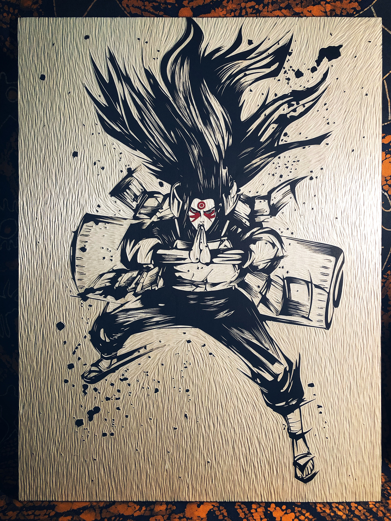 手工雕刻火影千手柱间黑白木刻版画艺术品