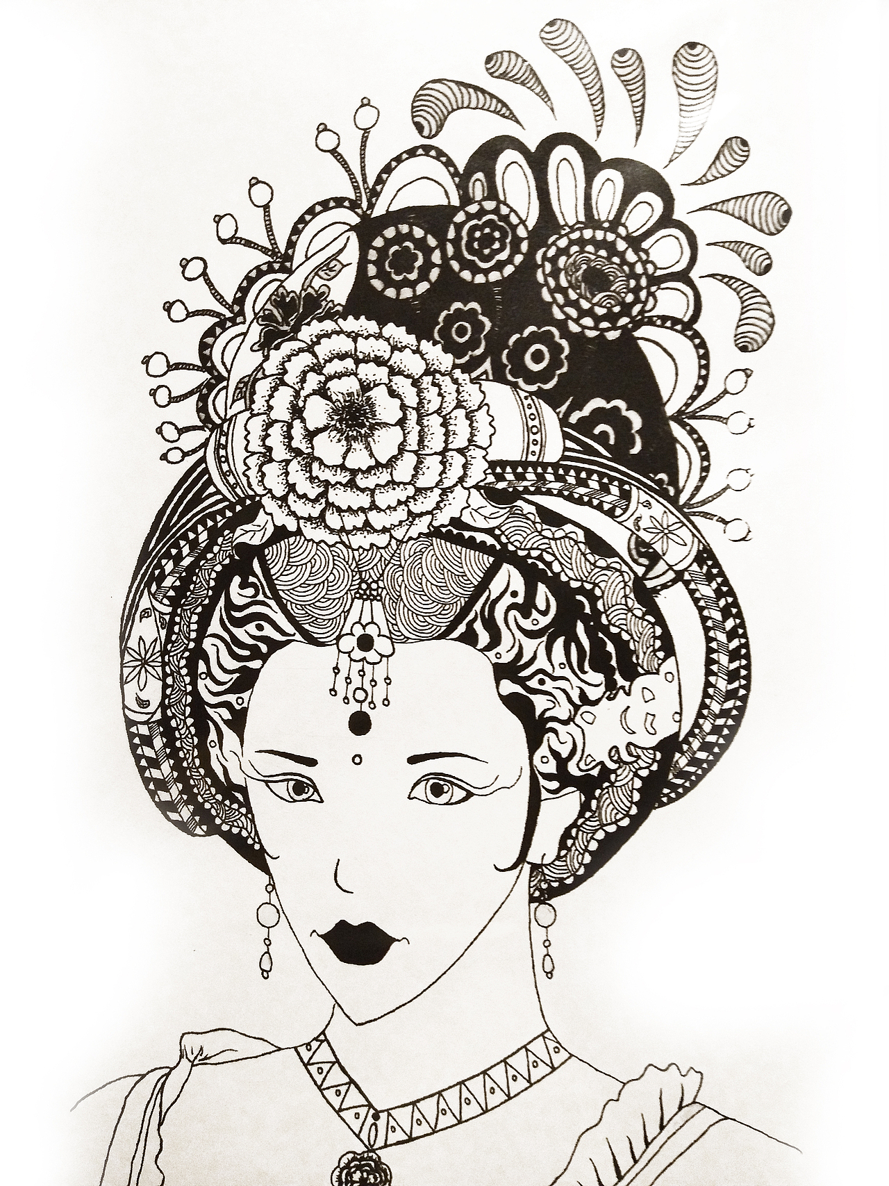 墨色古代美女头饰手绘