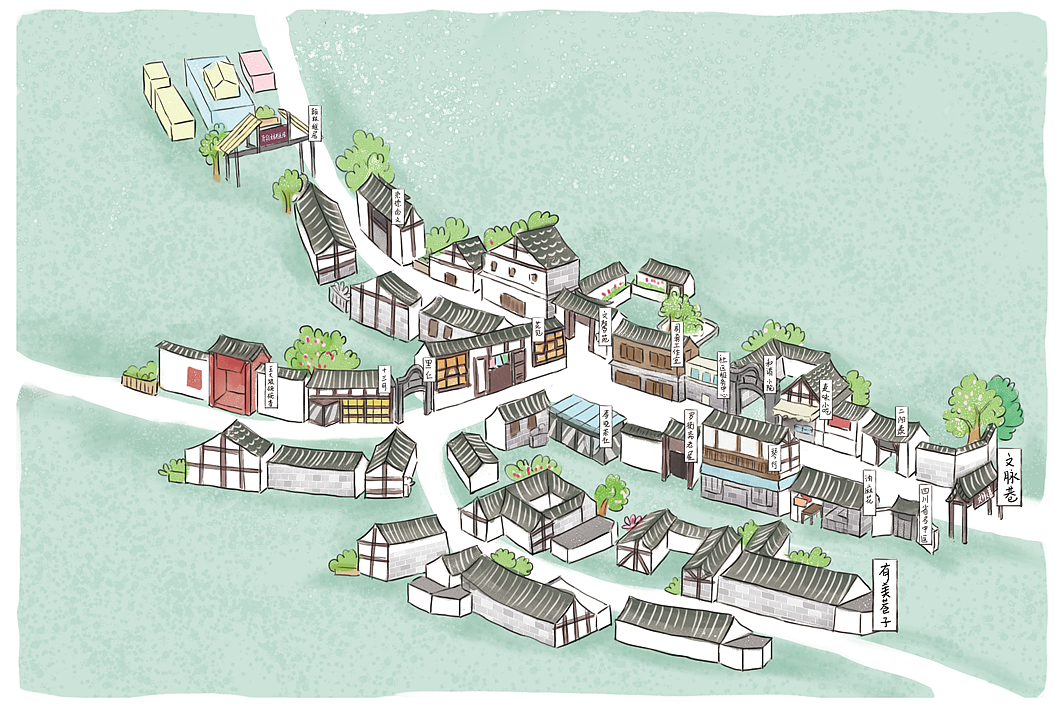 四川邛崍市、街巷手繪地圖（圖ZMTk2MTMyMDI0） - 商業(yè)插畫 - 站酷設計師左肩有只鬼原創(chuàng)素材 - 站酷ZCOOL