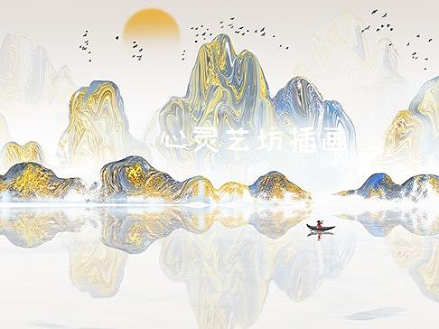 手绘中国风意境水墨山水  淡雅水墨山水背景画