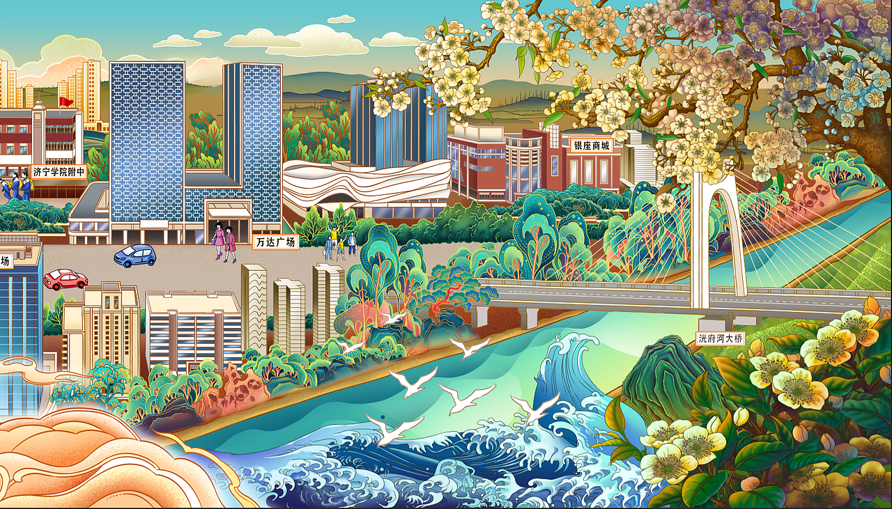 济宁城市主干线30米插画长卷——太白楼路（图ZMTc5NzI1MTU2） - 商业插画 - 站酷设计师以爱名之原创素材 - 站酷ZCOOL