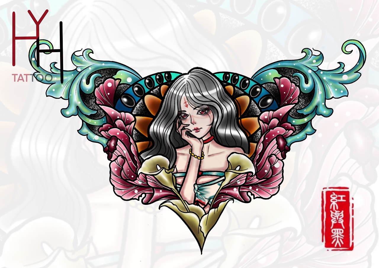 女神范花胸纹身手稿