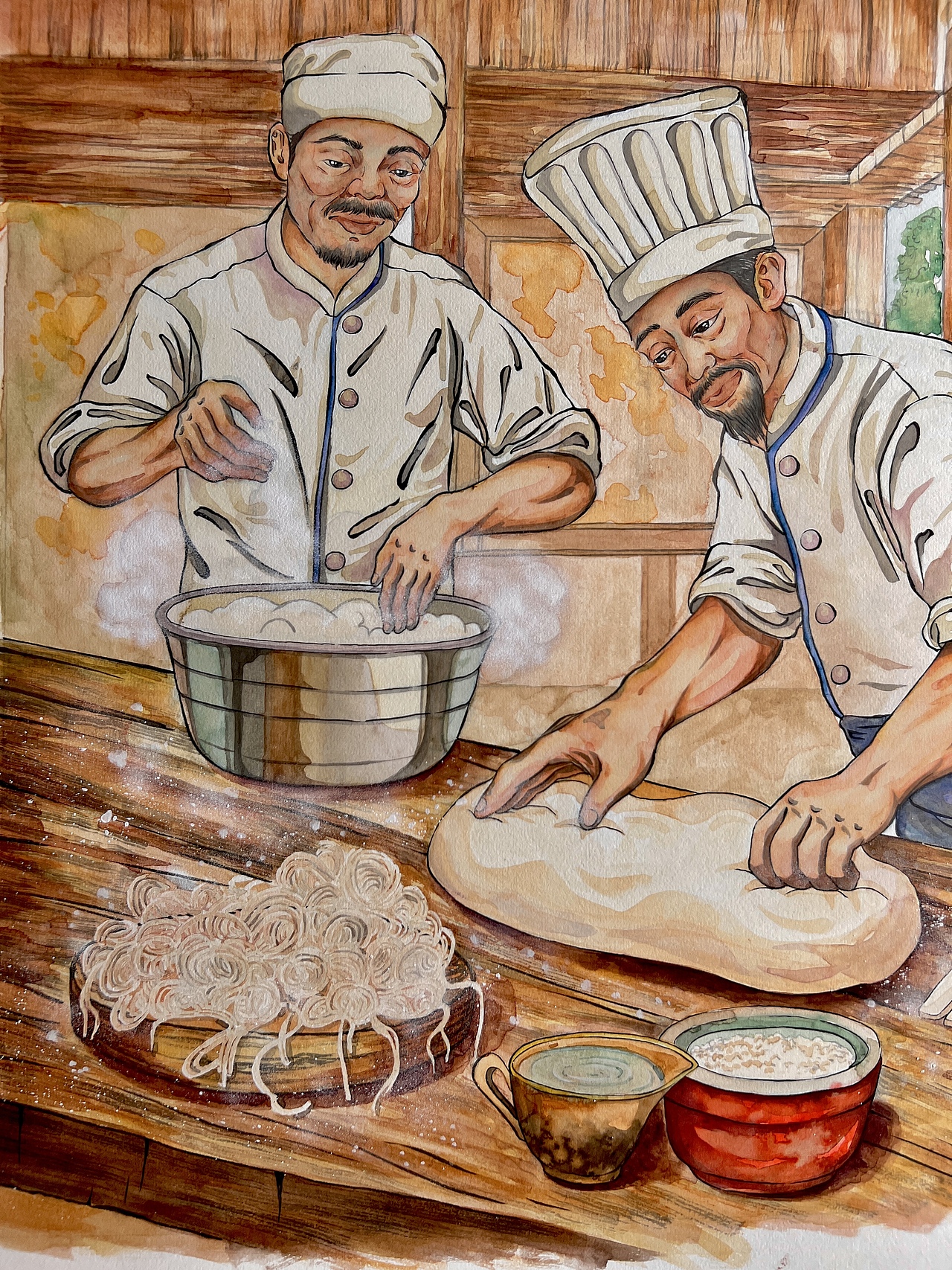 何记面馆非遗传承黄鱼面水彩纯手绘连环插画（一）揉面（图ZMzU1MzA1MzI4） - 商业插画 - 站酷设计师噜猫小画家原创素材 - 站酷ZCOOL