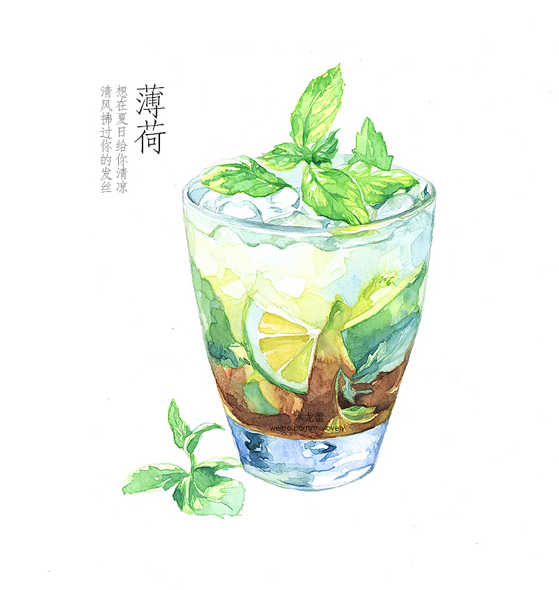手绘水彩薄荷冰 薄荷夏天