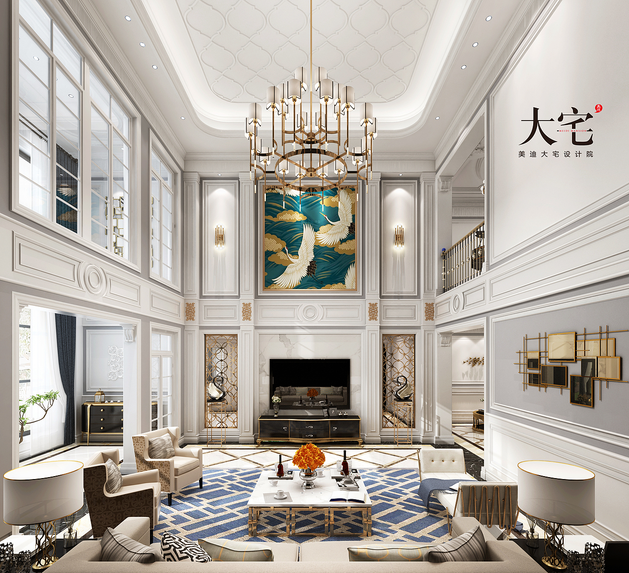 奢华的雕花元素搭配高级的黄铜水晶吊灯,超高客厅挑空打造出一个富丽堂皇的别墅空间