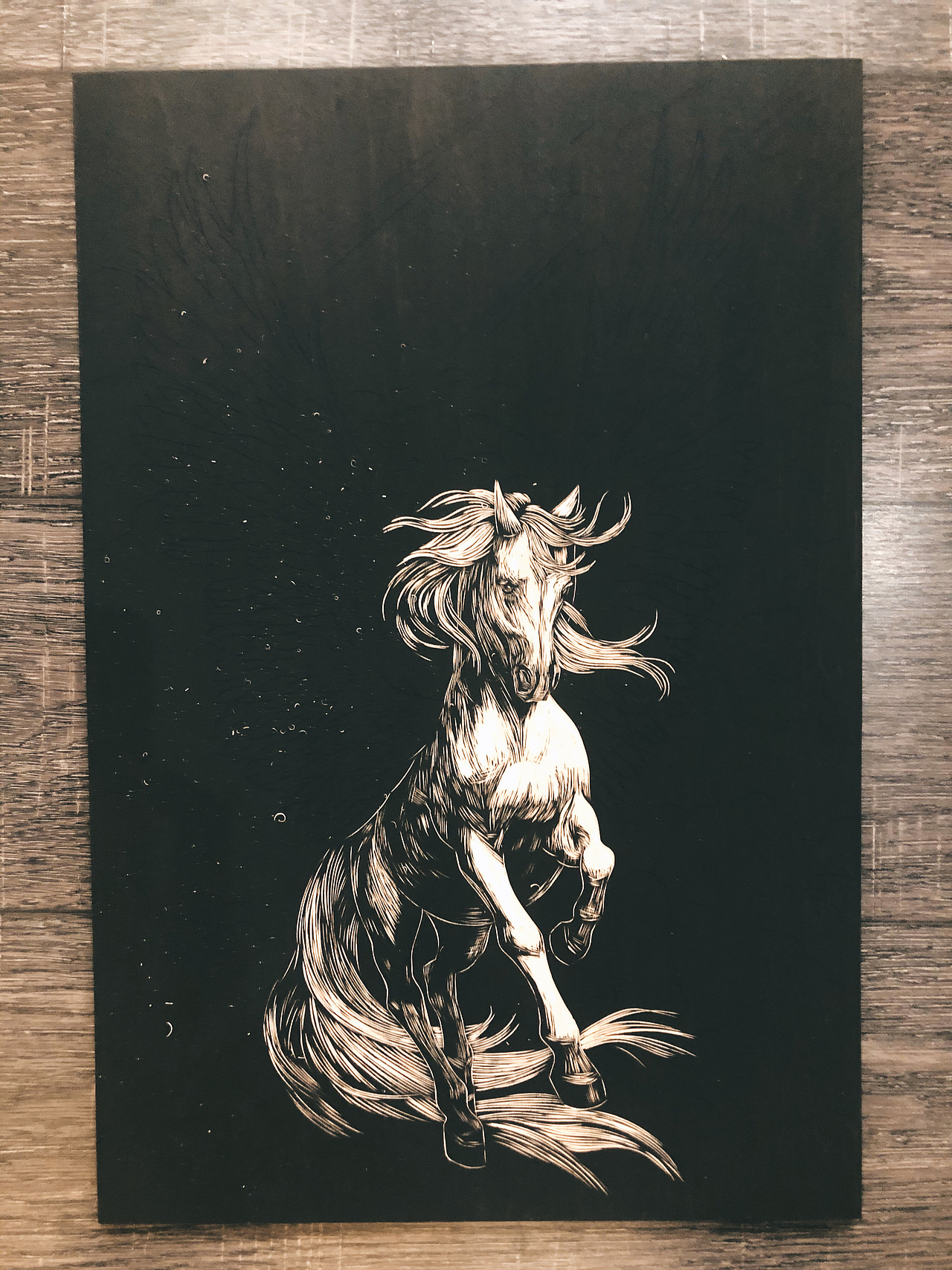 手工雕刻黑白木刻版画飞马