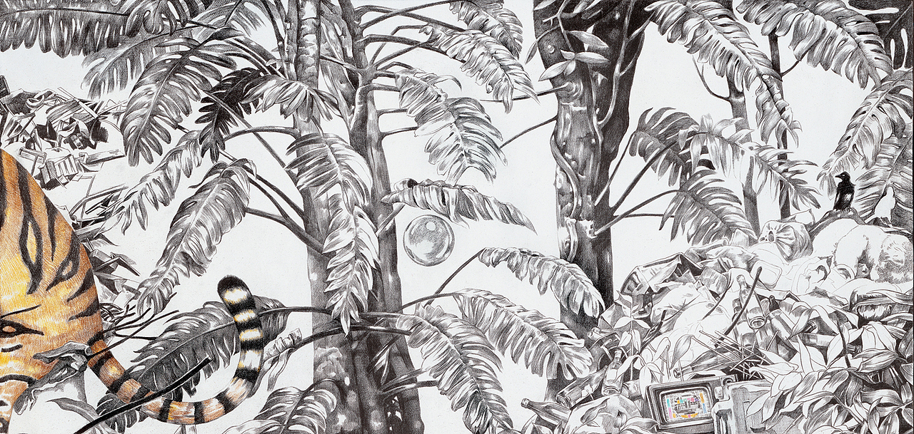 赵娜-《后花园 Backyard garden》-50×100cm-布上铅笔-2016（图ZNjE3NTUxMzI=） - 绘画 - 站酷设计师赵娜Artist原创素材 - 站酷ZCOOL