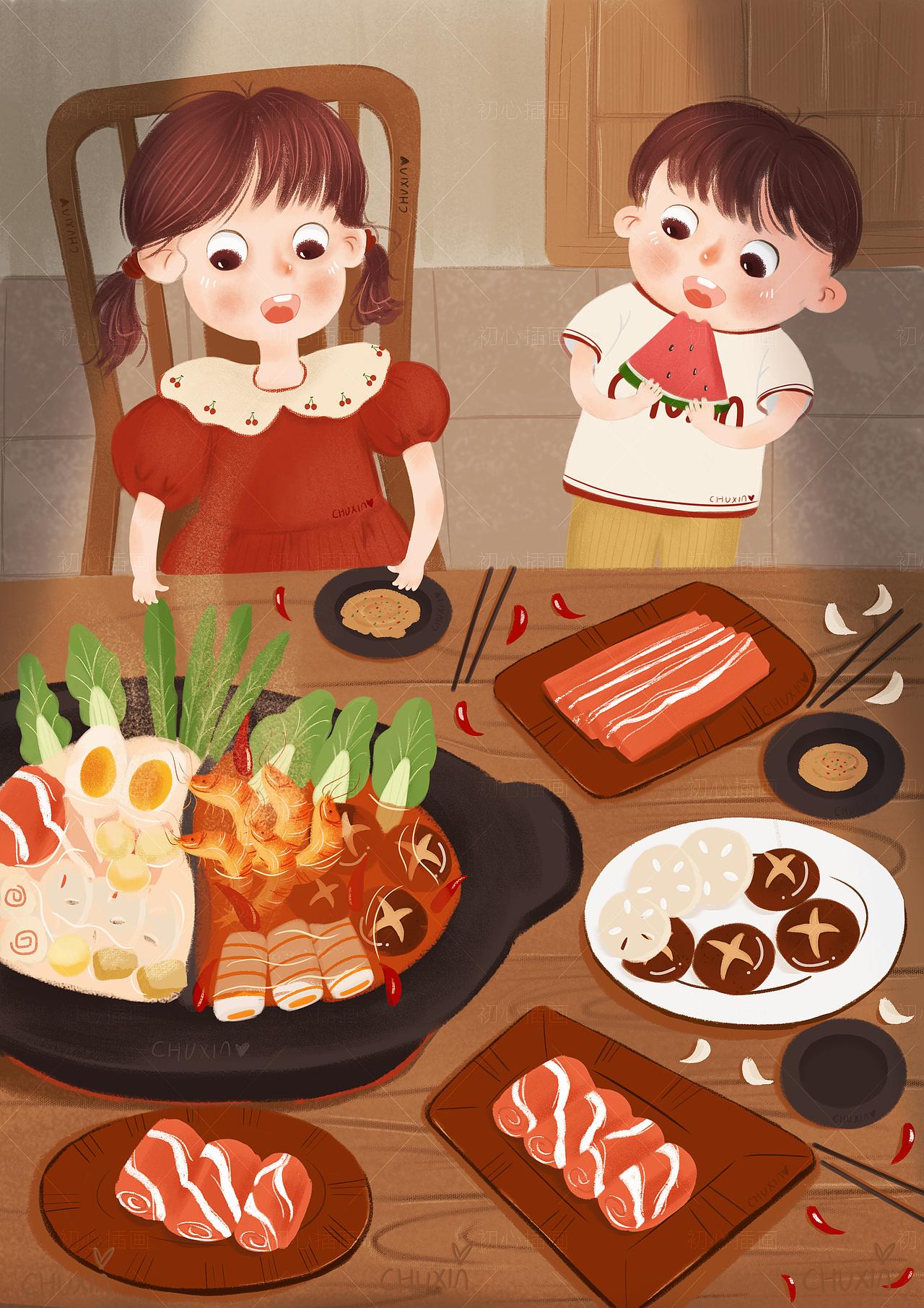 儿童插画 —我们一起吃火锅 美食商业插画