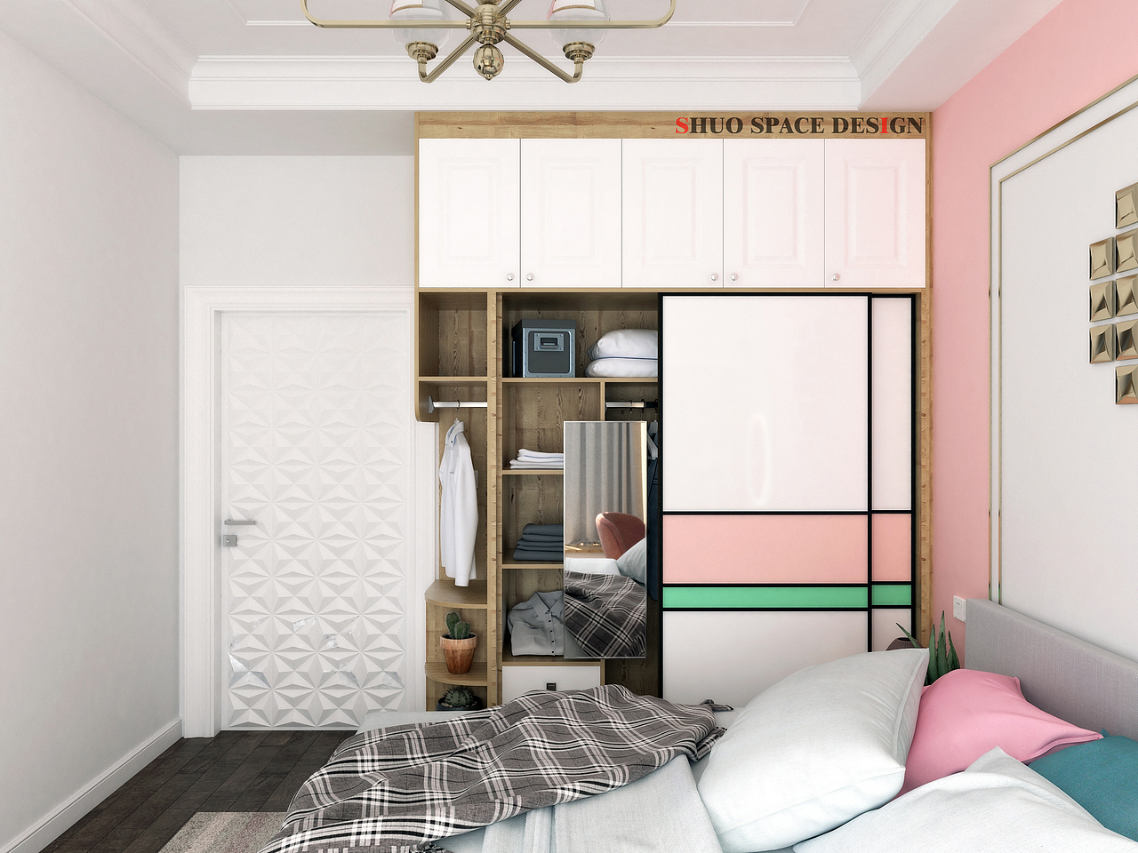 衣柜内置折叠穿衣镜节约空间且实用,左侧圆弧柜挂置当天的衣服,下面2个小抽屉收纳袜子等小物件