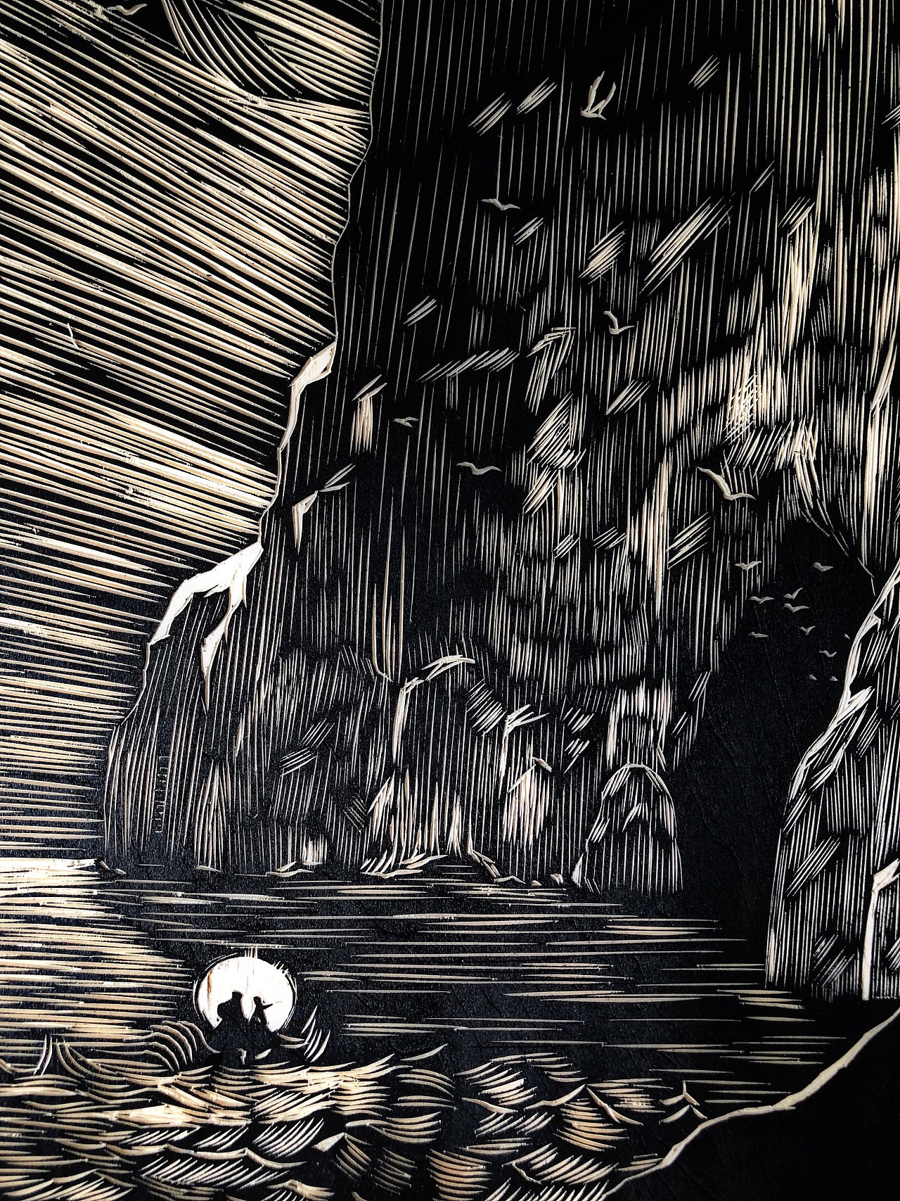 手工雕刻黑白木版画探险