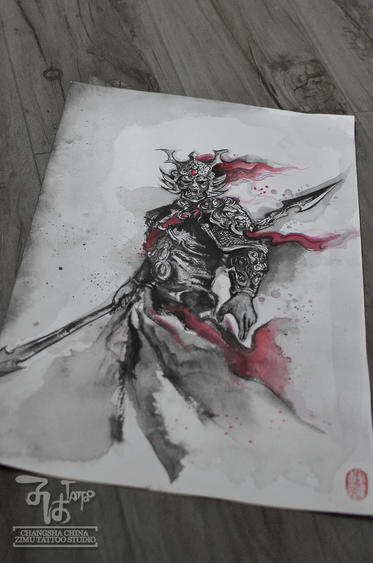 长沙子沐刺青纹身毛笔水墨中国风手稿武将兰陵王武侠