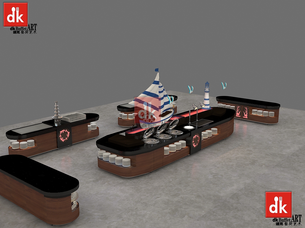 中国风餐厅装修自助餐台自助餐设备实木餐厅家具定制