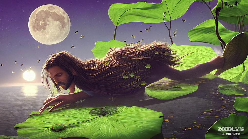 #AI創(chuàng)作實(shí)驗(yàn)室#一個(gè)長(zhǎng)頭發(fā)男人，爬在荷葉上看荷花盛開(kāi)（圖ZMzE4NTM1ODUy） - AI作品 - 站酷設(shè)計(jì)師尹斗斗原創(chuàng)素材 - 站酷ZCOOL