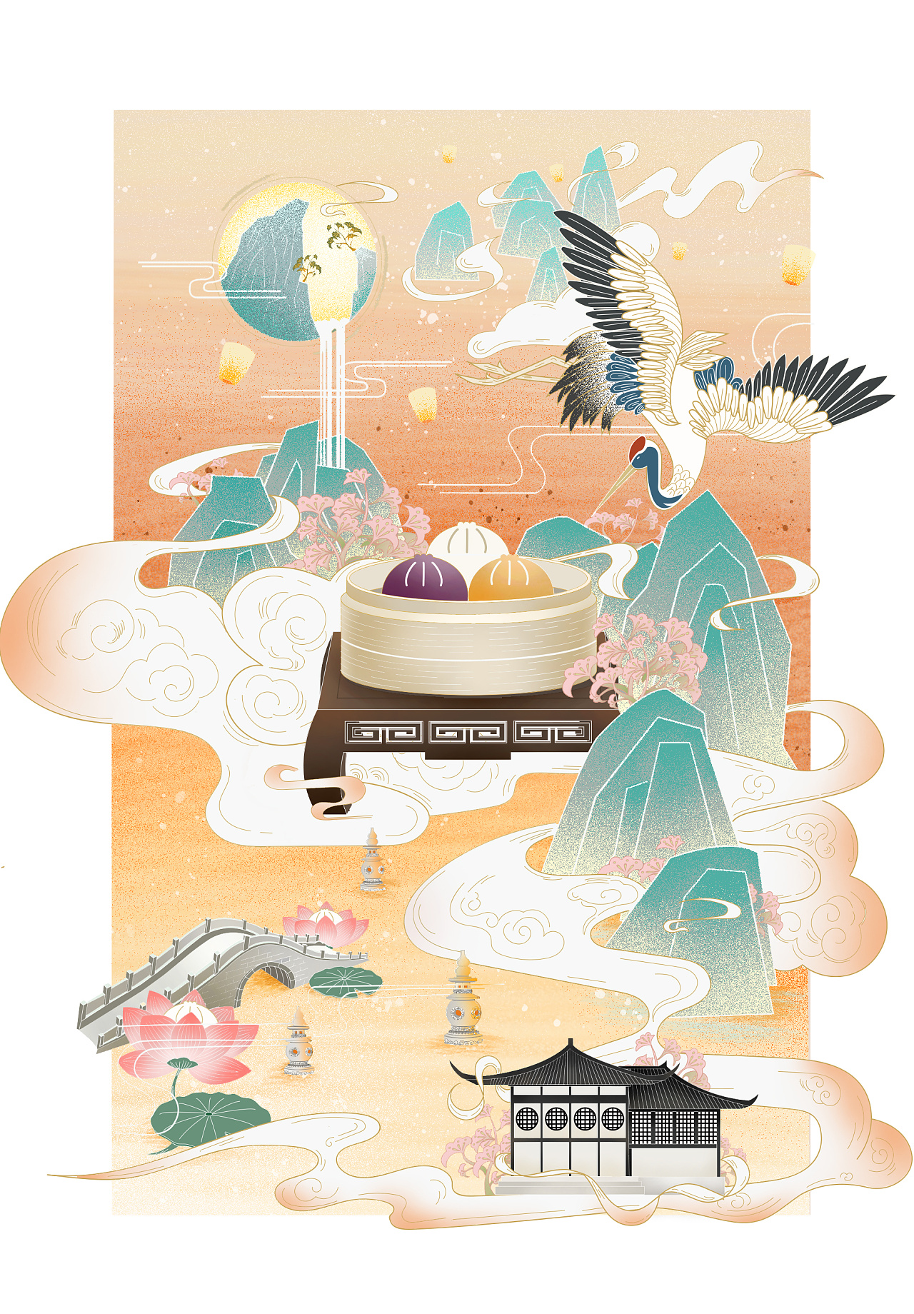 新中式|食品插画|元素融合|渐变色