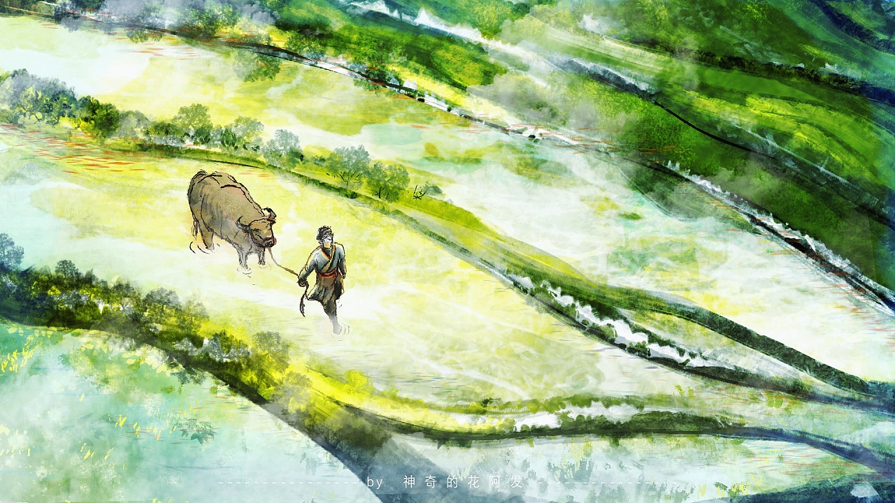 梯田里牛与少年|插画|创作习作|神奇的花啊发 - 原创作品 - 站酷
