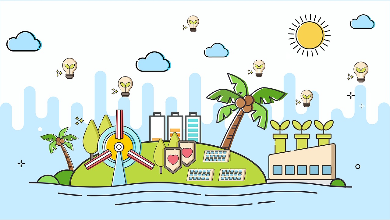 风力发电,植物,海洋,节能发电厂以及绿色灯泡等元素来体现对可持续