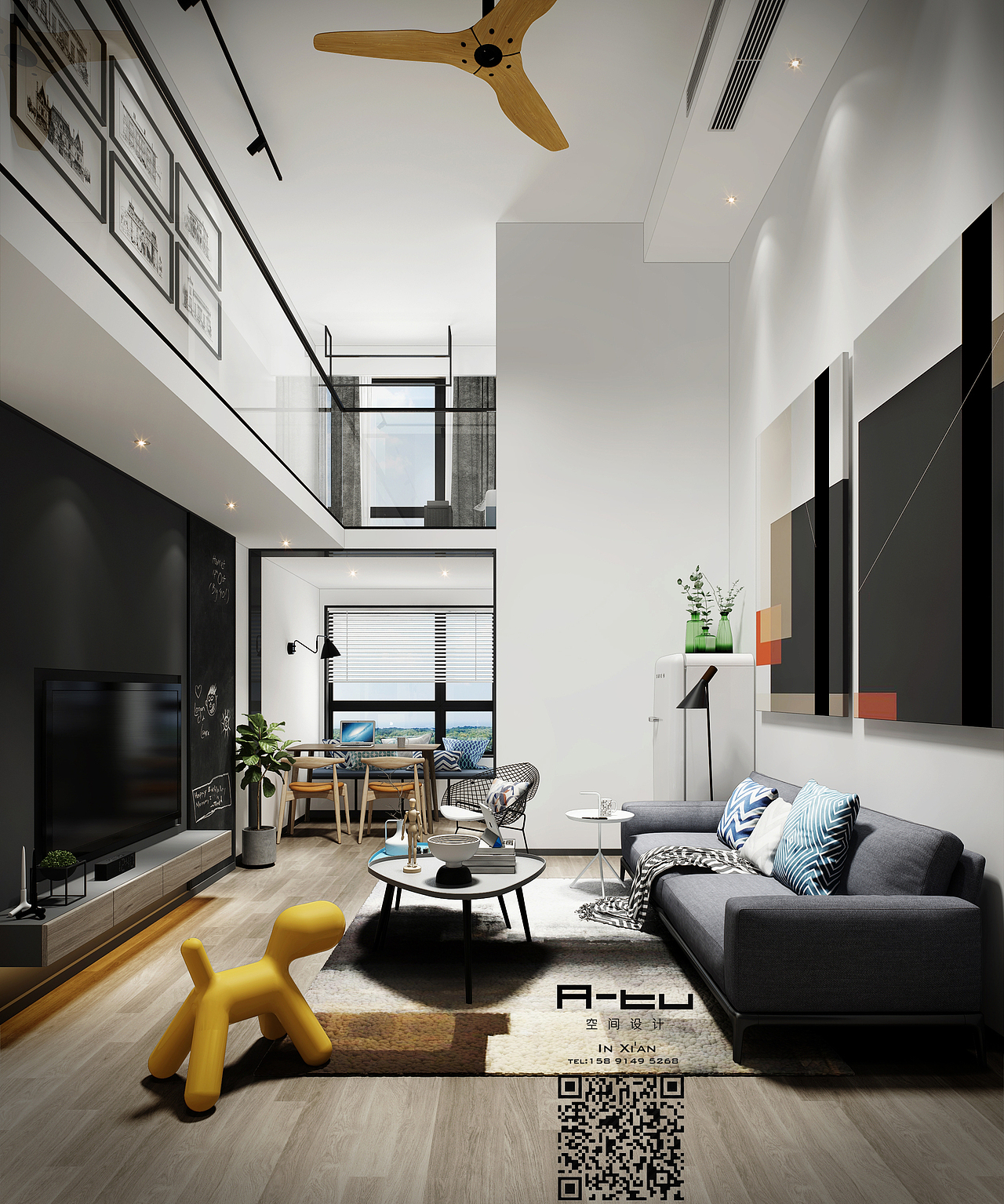 客厅视角一，厨房门的位置改动到餐厅处.