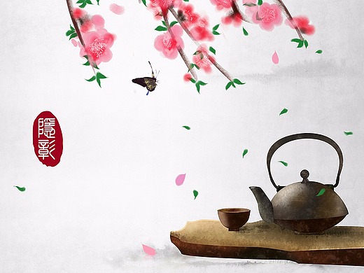 古风茶道茶艺茶文化茶具蝴蝶春天桃花桃枝24节气插画