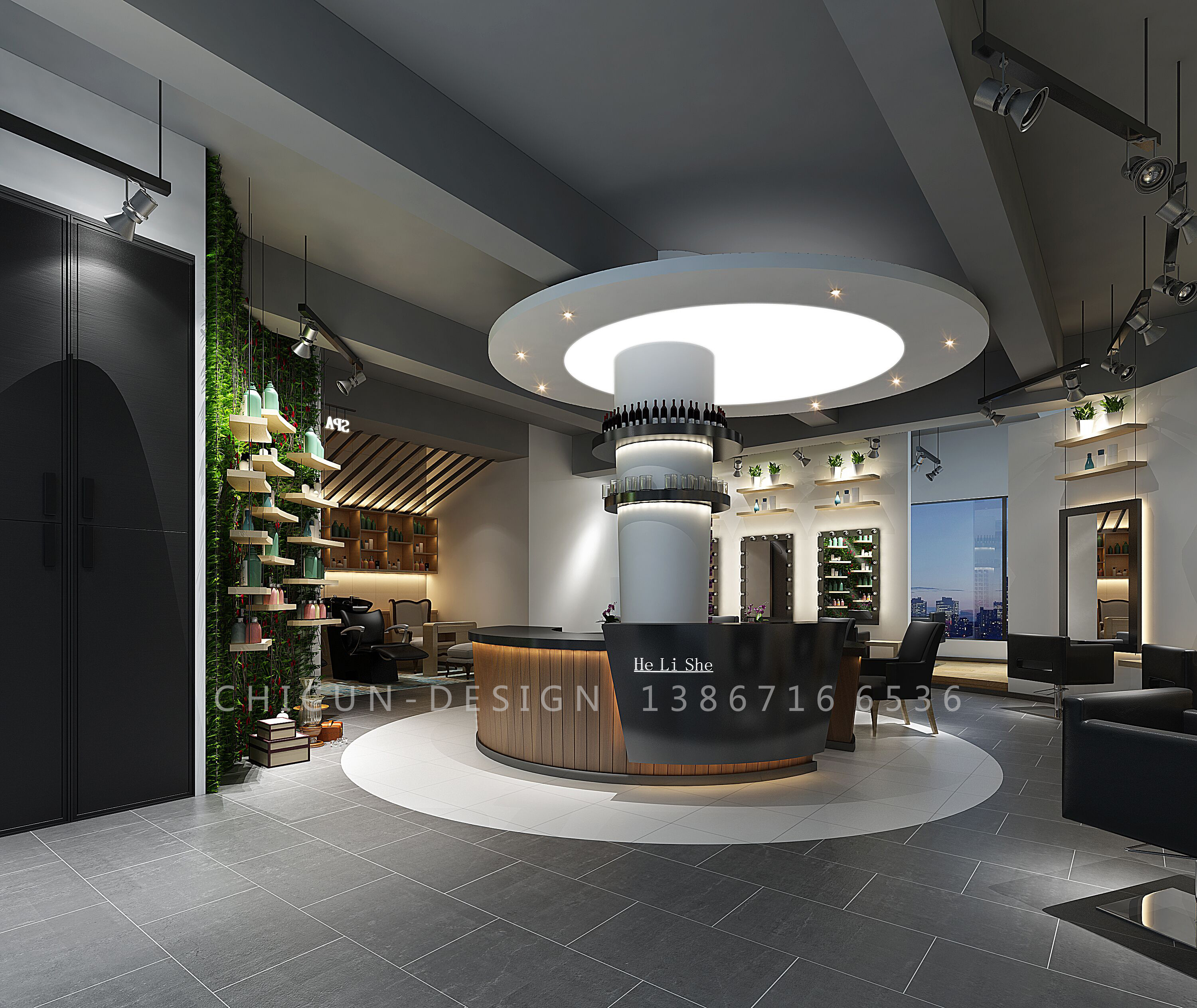 尺寸设计|理发店日系时尚空间设计 发廊设计效果图