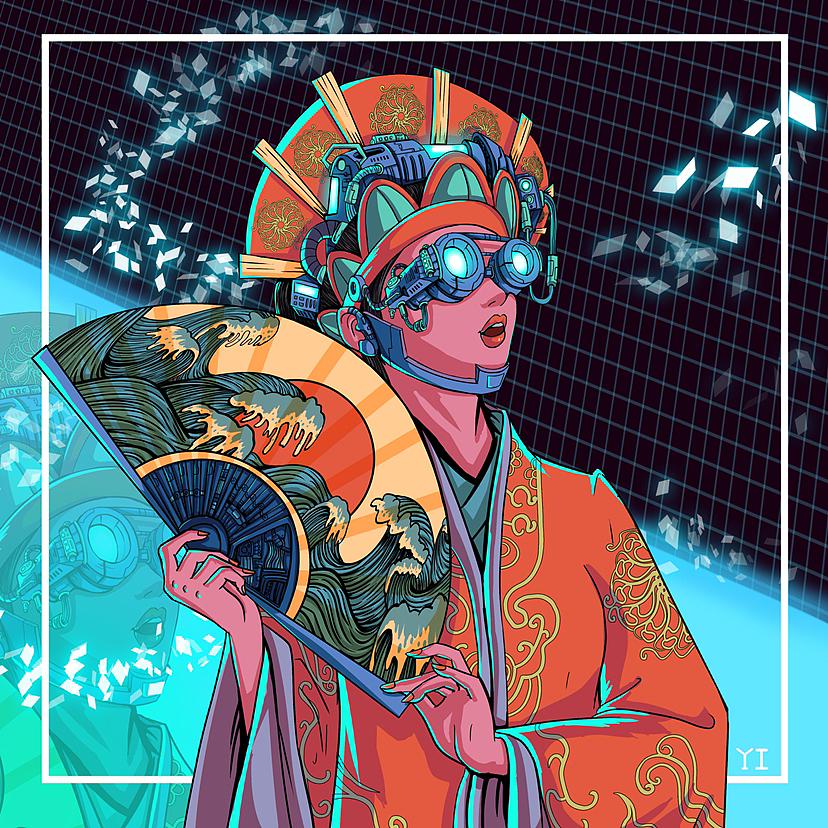 插画-赛博朋克国潮京剧花旦插画