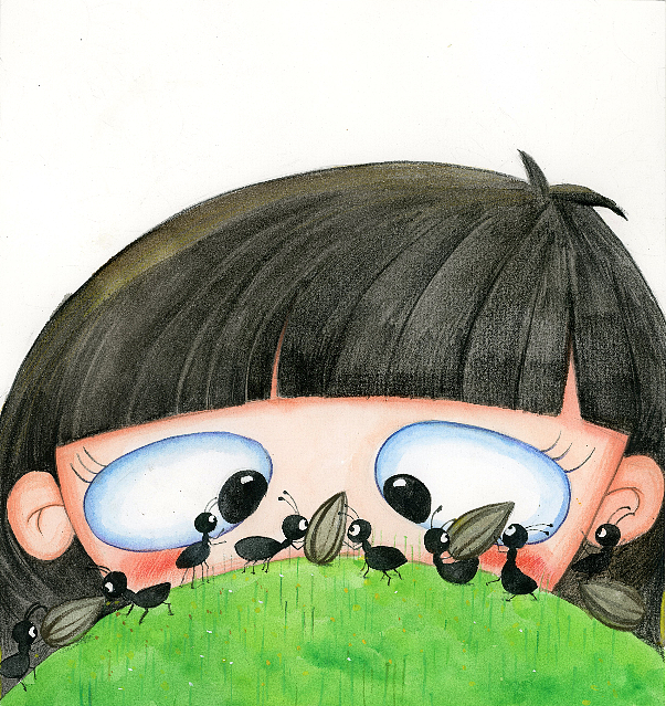 这幅作品是一个女孩在观察蚂蚁在运输瓜子的情景1|0|190原创作品/插画