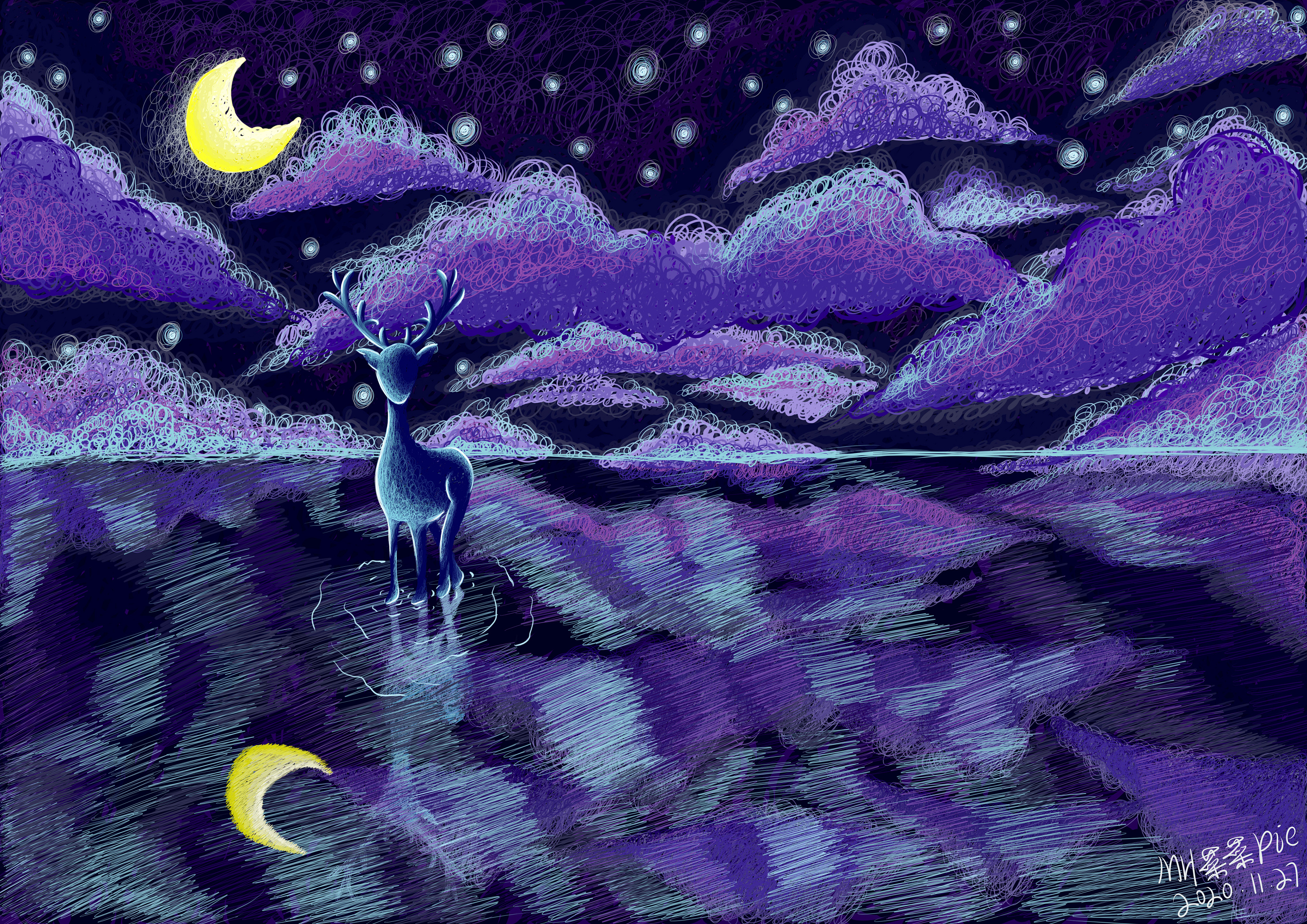 线圈插画练习夜鹿